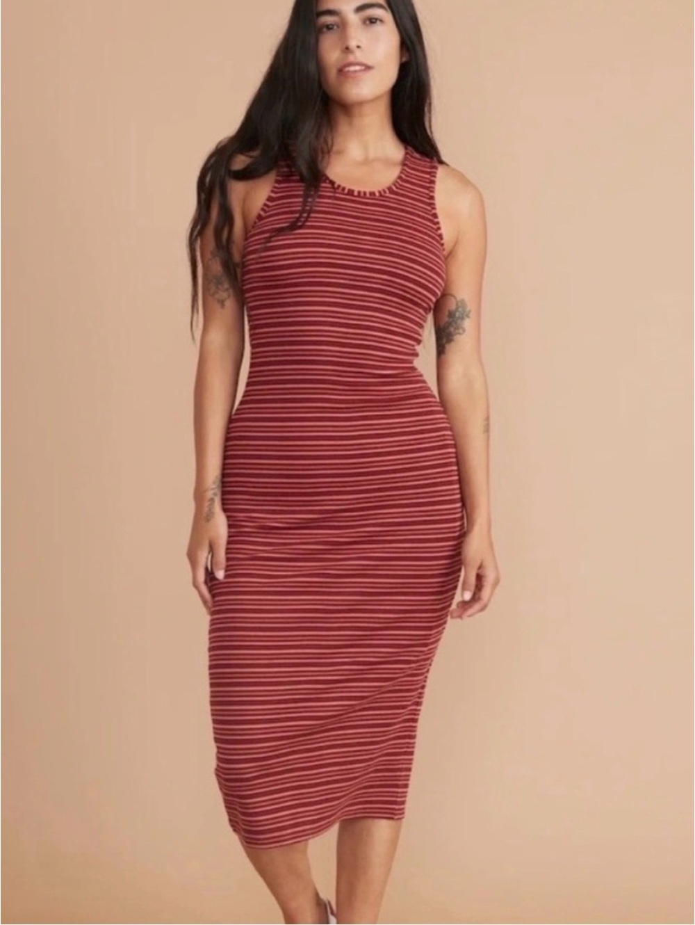 Marine Layer Lexi Rib Daytime Midi Dress Ruby Wine Multi Stripe Large